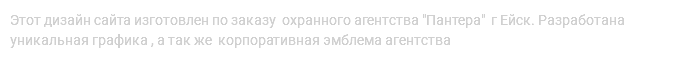 Этот дизайн сайта изготовлен по заказу охранного агентства "Пантера" г Ейск. Разработана уникальная графика , а так же корпоративная эмблема агентства 